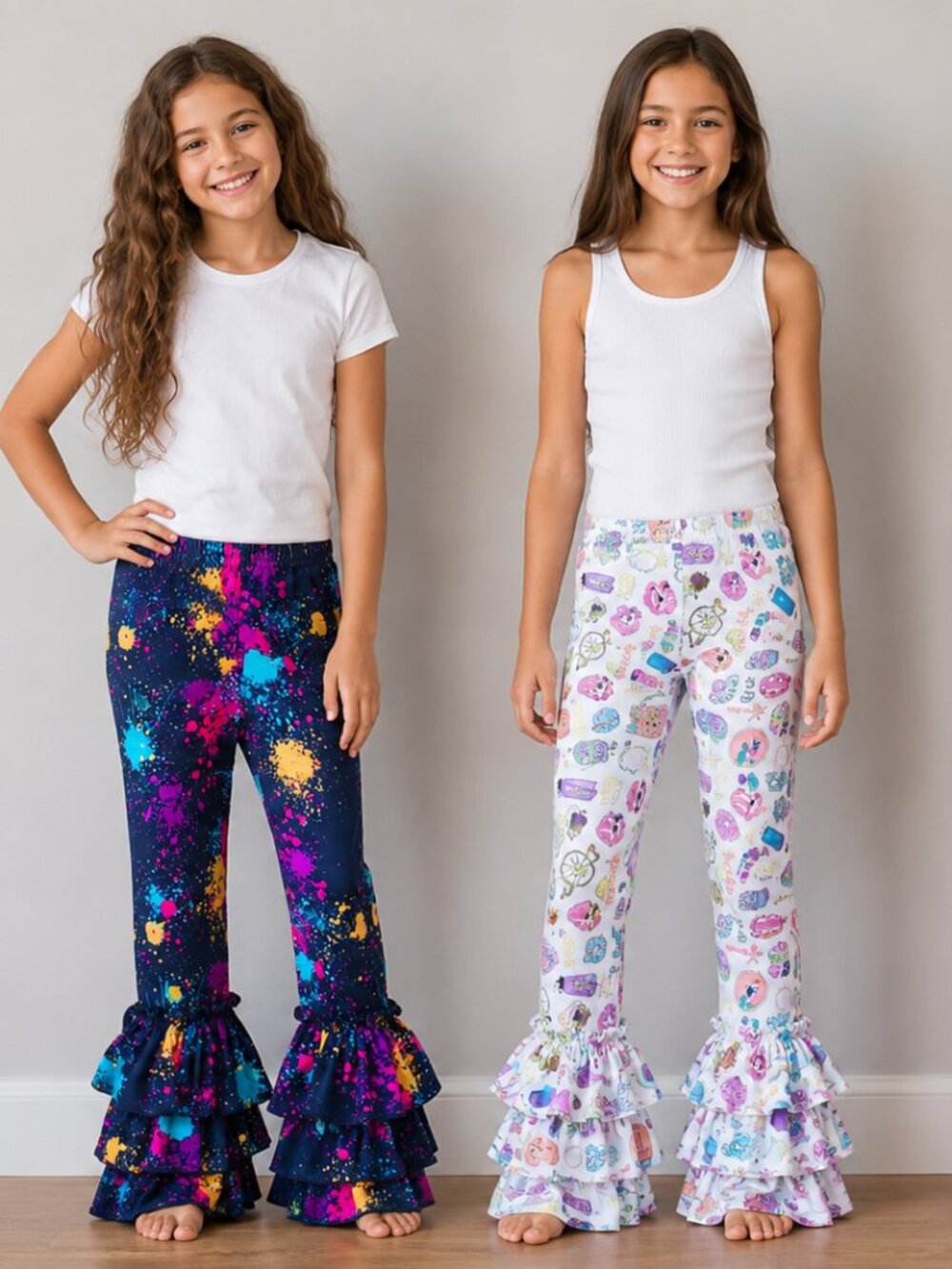 Custom “Good Vibes” Fun Print Ruffle Hem Boutique Leggings Girls Size 14